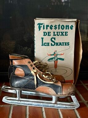 Vintage Firestone De Luxe Ice Skates Two-Tone Leather Men's Size 10 With Box